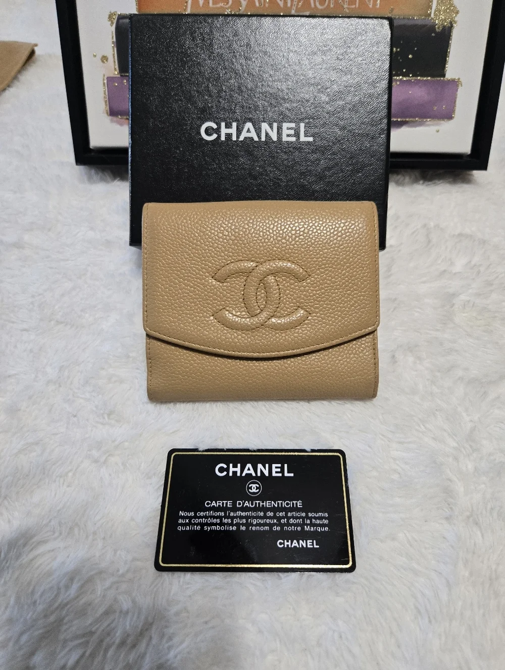 Chanel Caviar Leather Compact Beige Wallet EUC